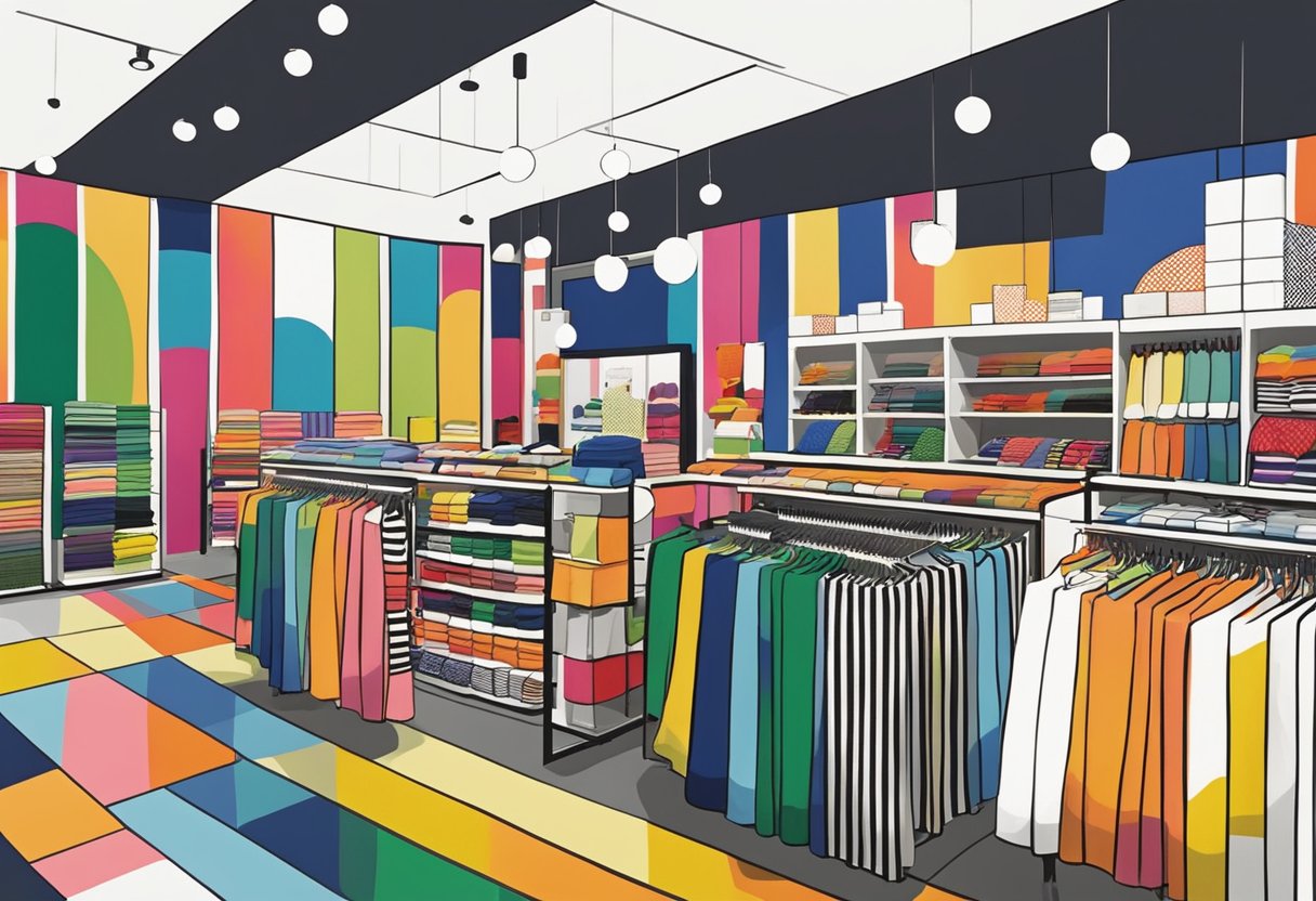 A bustling marimekko store in Singapore, with colorful fabrics and modern designs on display. Shoppers browse through the vibrant patterns and textiles