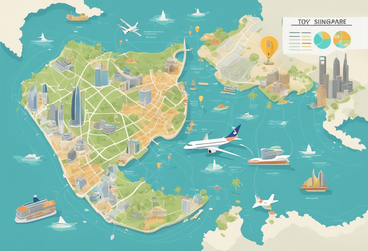 A map of Singapore and Tokyo with a dotted line connecting the two cities, surrounded by travel guides and airline tickets