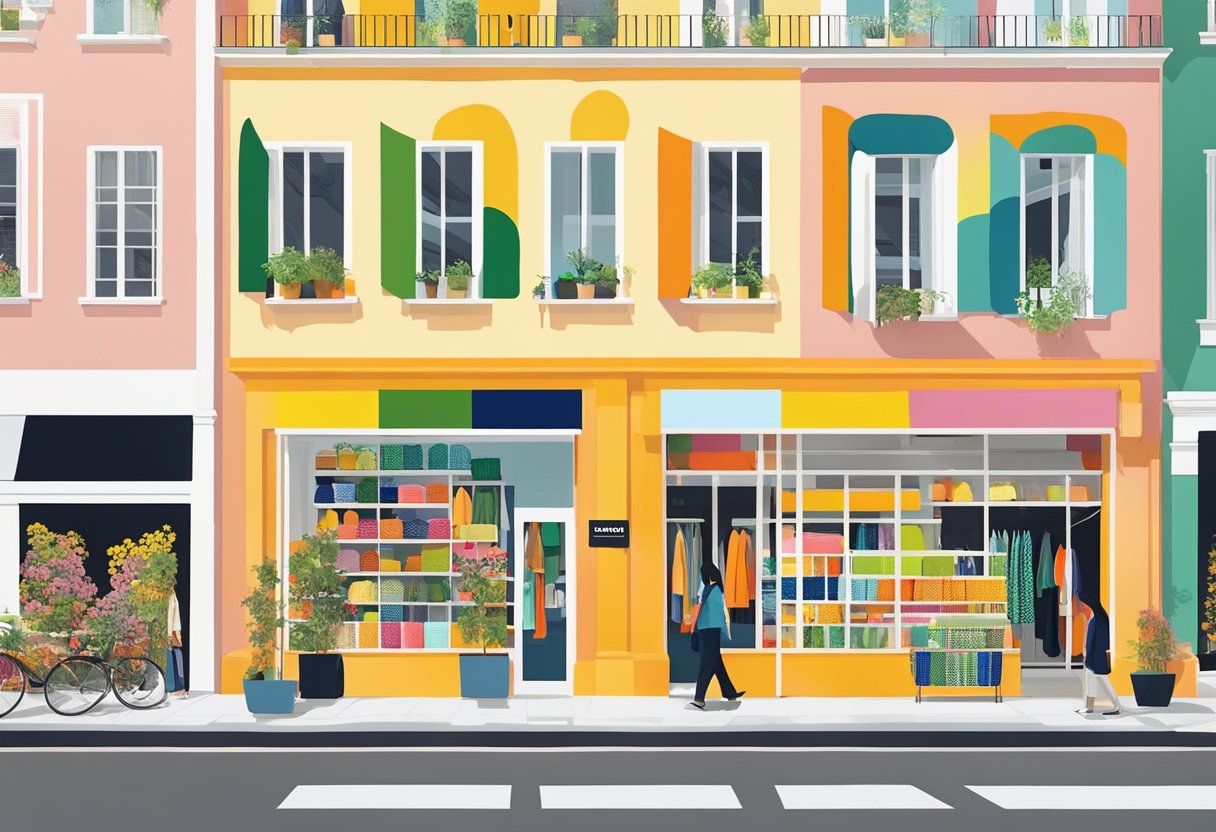 Bright, colorful Marimekko store in Singapore with bold patterns on textiles and home goods, minimalist Scandinavian design aesthetic