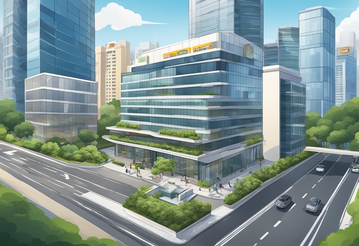 A modern office building in Singapore with a "For Rent" sign displayed prominently. Surrounding area features businesses, public transportation, and amenities