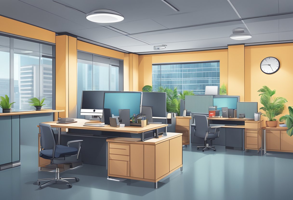 An office space with a sign reading "Frequently Asked Questions office rental singapore" and a reception desk with a computer and phone