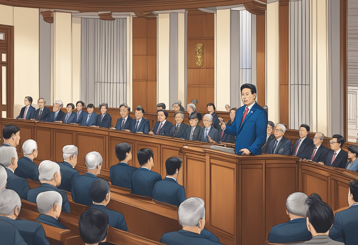 The parliament speaker addresses the chamber, with the iconic Singaporean flag in the background