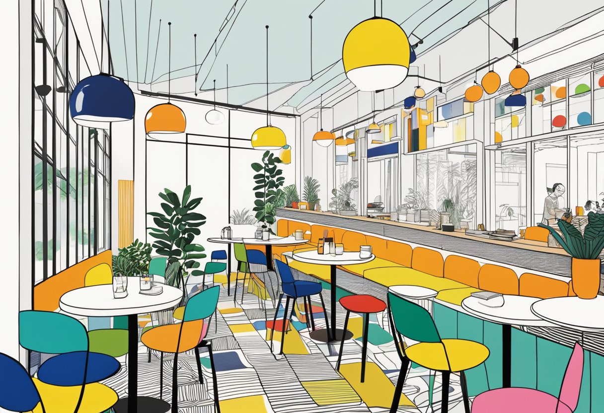 The Marimekko Cafe and Lifestyle Concept in Singapore features vibrant patterns and colorful decor, with customers enjoying stylish furniture and modern design elements