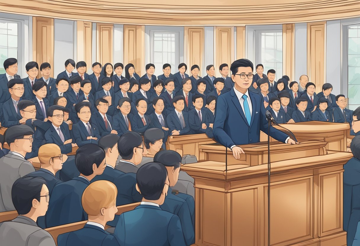 The Speaker of the Parliament in Singapore is standing at the podium, addressing the members with authority and confidence