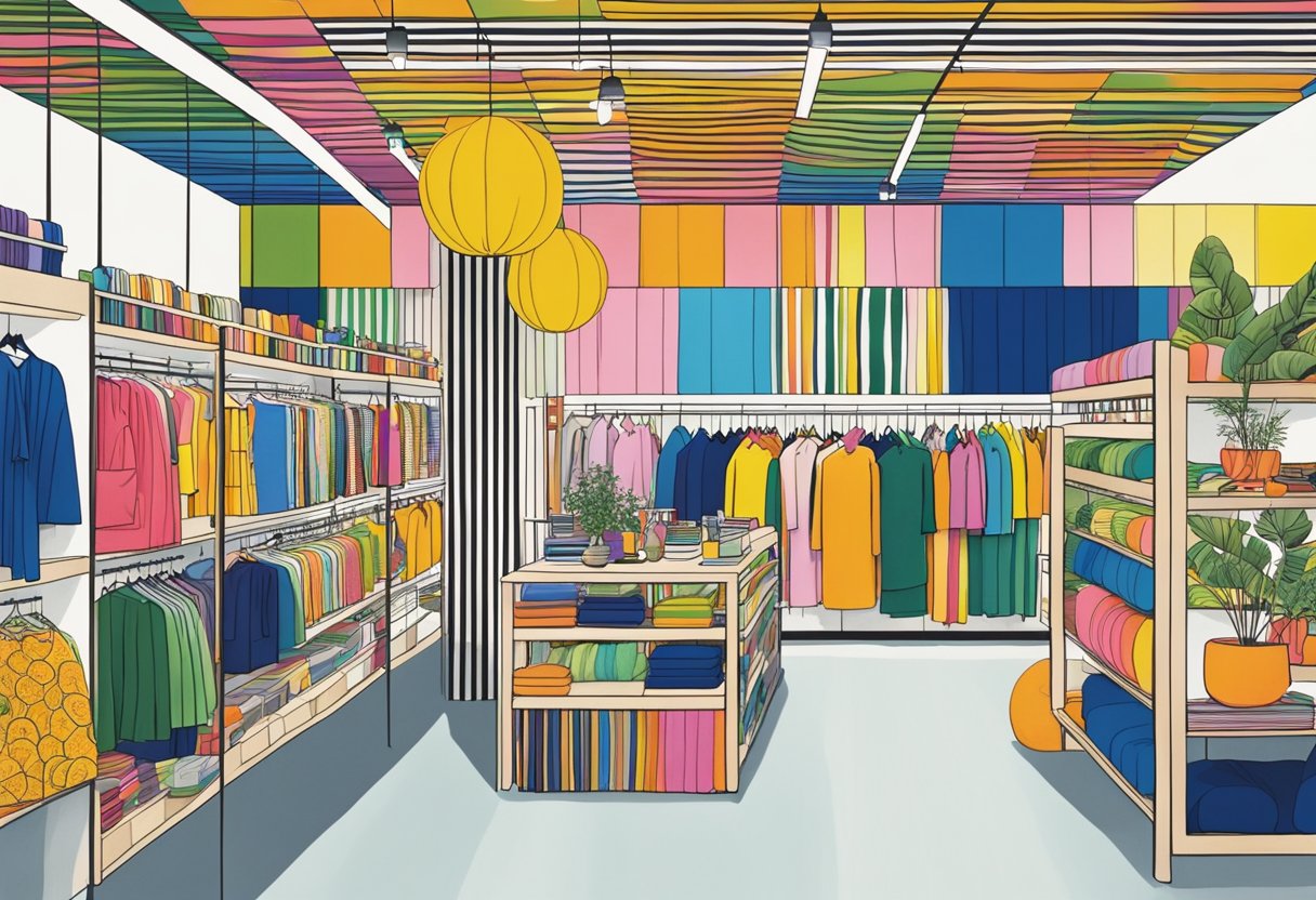 A vibrant marimekko store in Singapore, with colorful textiles and patterns on display, customers browsing, and a friendly staff assisting