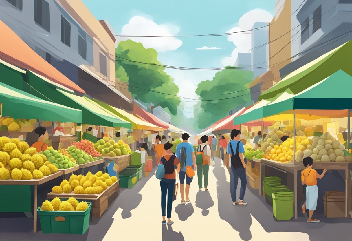 A bustling street market with colorful stalls selling durian in Singapore. The air is filled with the pungent aroma of the spiky fruit