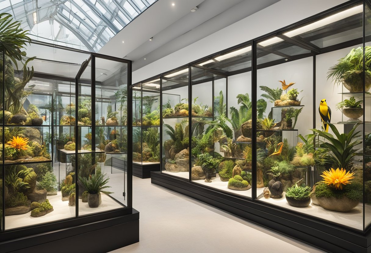 A colorful array of exotic flora and fauna, displayed in glass cases and terrariums, fills the room at Collections Forever New Singapore