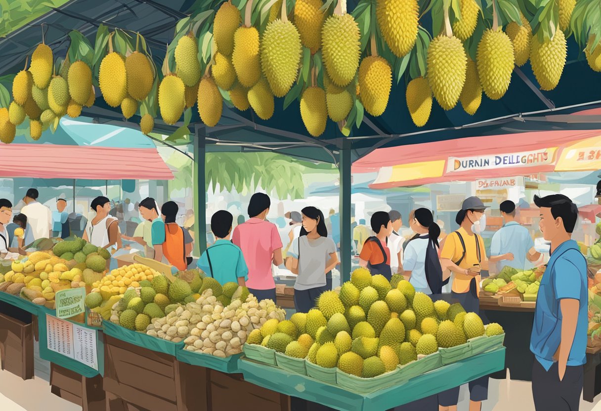 A bustling market with vibrant displays of durian, customers sampling the exotic fruit, and a sign reading "DurianBB's Delights" in Singapore