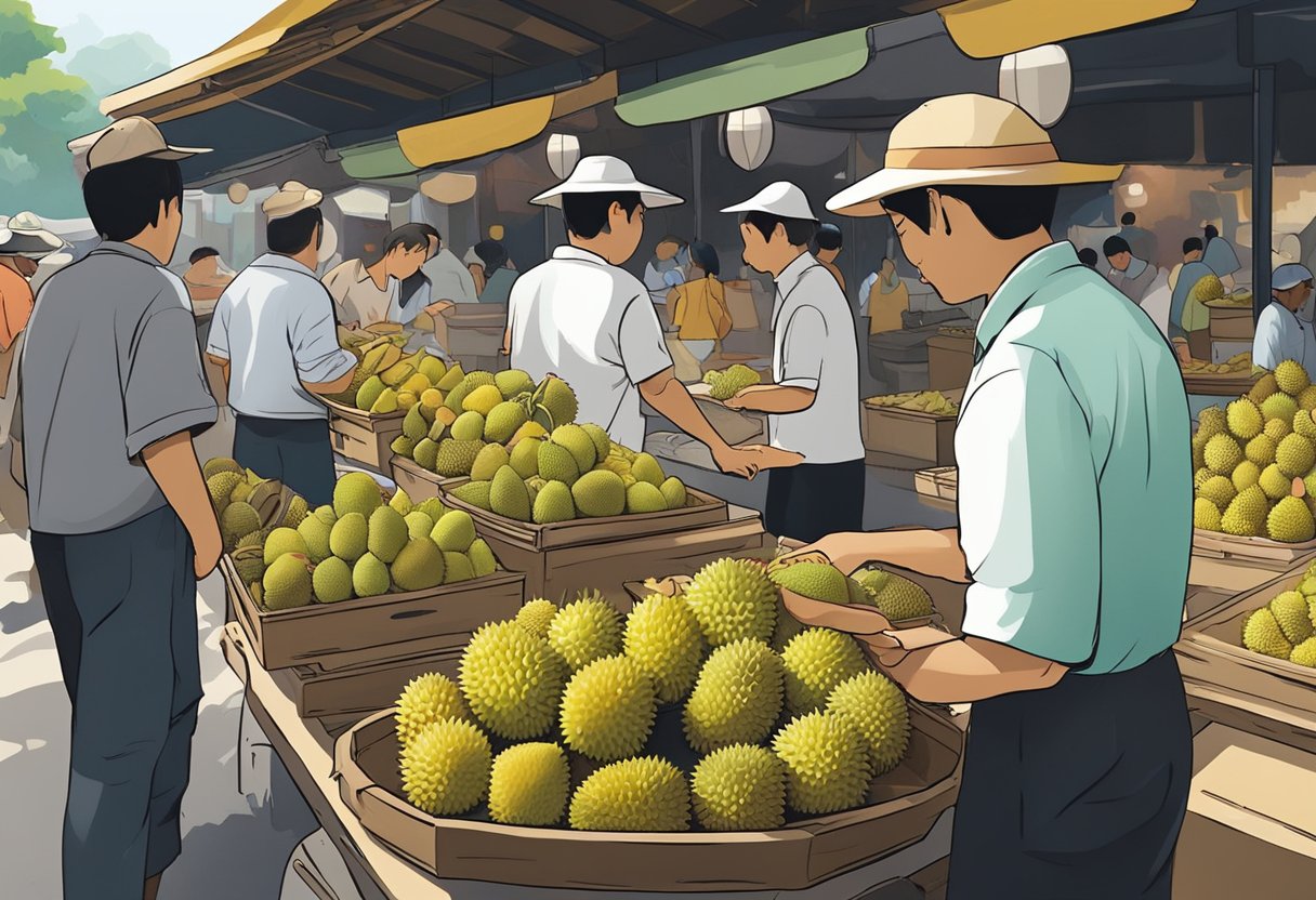 A bustling street market with colorful stalls selling durian. Customers eagerly sample and purchase the pungent fruit, while vendors expertly slice open the spiky shells. The air is filled with the distinctive aroma of durian