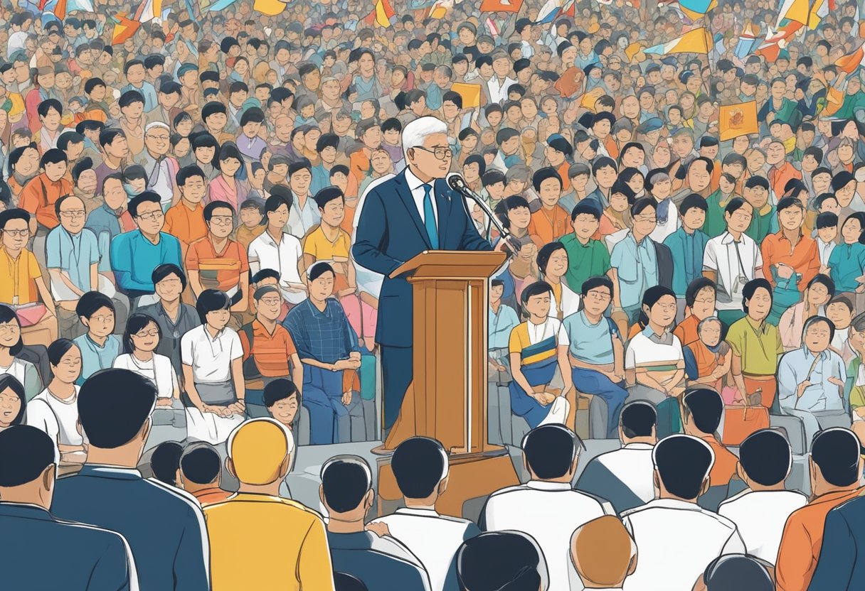 The parliament speaker in Singapore addresses a crowd, surrounded by microphones and flags, while audience members listen attentively