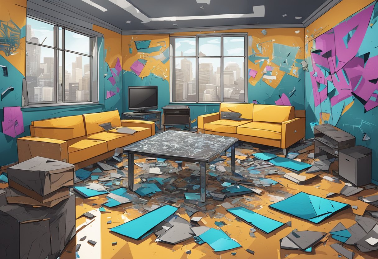 A room filled with broken furniture and shattered glass, with walls covered in graffiti and aggressive slogans