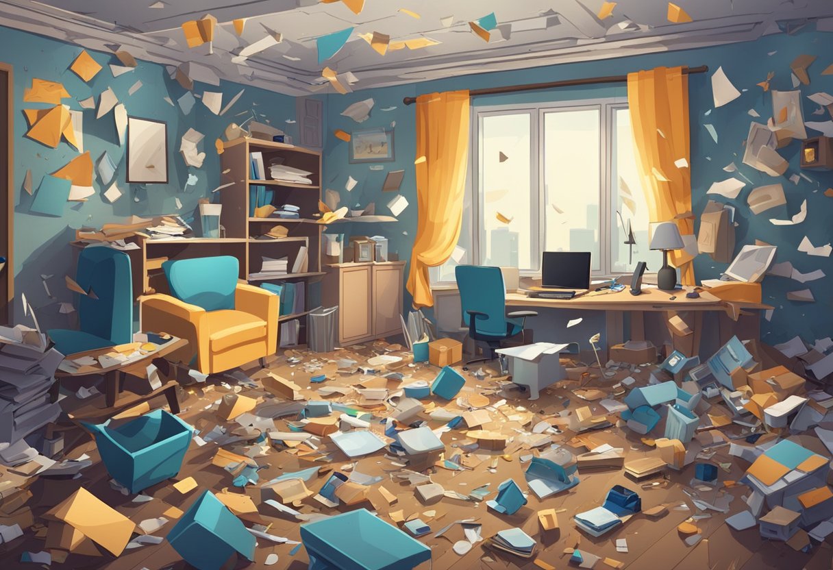 A cluttered room with broken items scattered on the floor, walls, and ceiling. Debris and shattered objects create a chaotic and destructive atmosphere