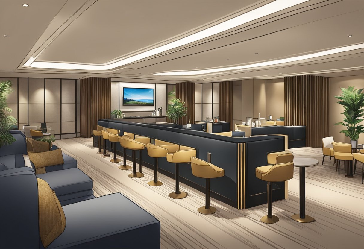 The Plaza Premium Lounge in Singapore's Terminal 1 features comfortable seating, elegant decor, and a range of amenities and services for international departures