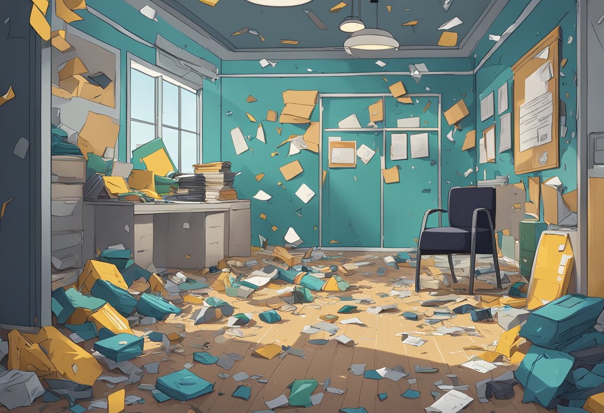 A room filled with smashed objects, debris scattered on the floor. A sign on the wall reads "Frequently Asked Questions rage room singapore"