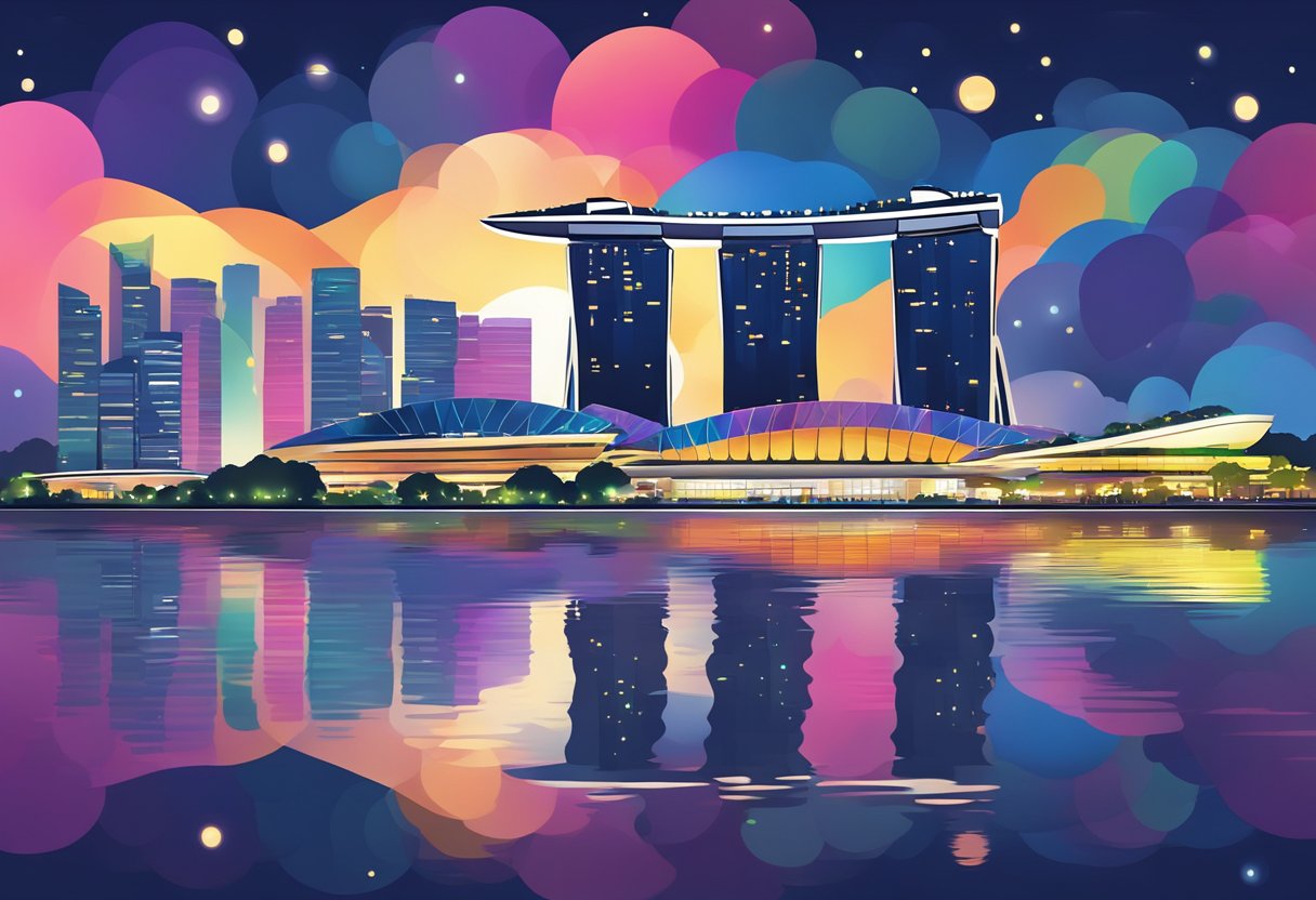A vibrant cityscape of Singapore at night, with the iconic Marina Bay Sands and colorful city lights reflecting on the water