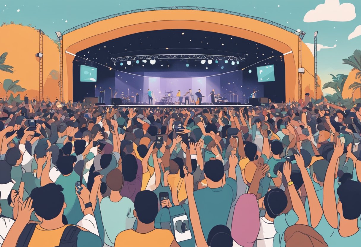 The scene shows a crowded concert venue in Singapore, with stage lights illuminating the performance of Rex Orange County. Fans are cheering and dancing to the music