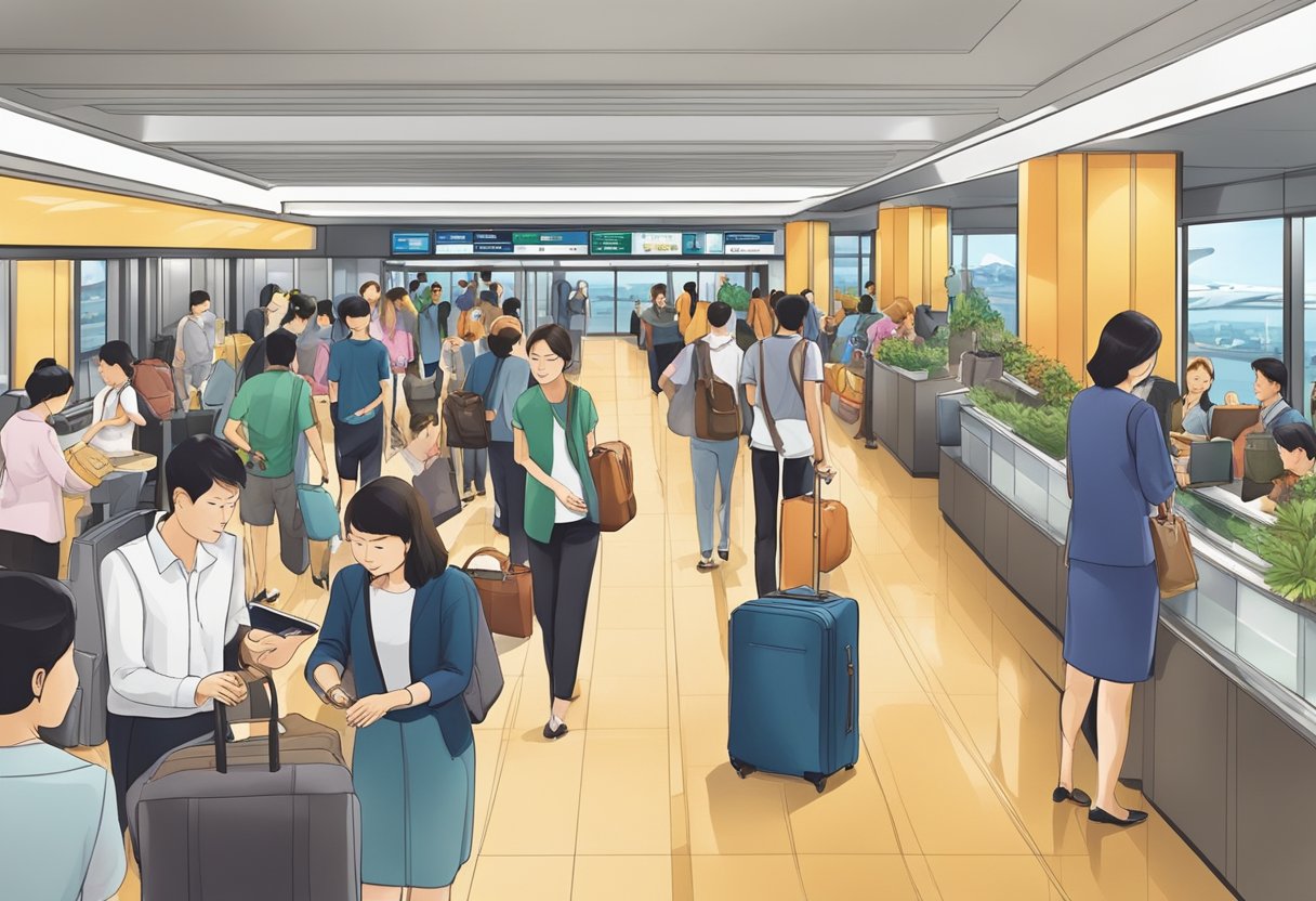 The bustling plaza premium lounge at Singapore's international departures terminal 1, with travelers queuing and staff assisting