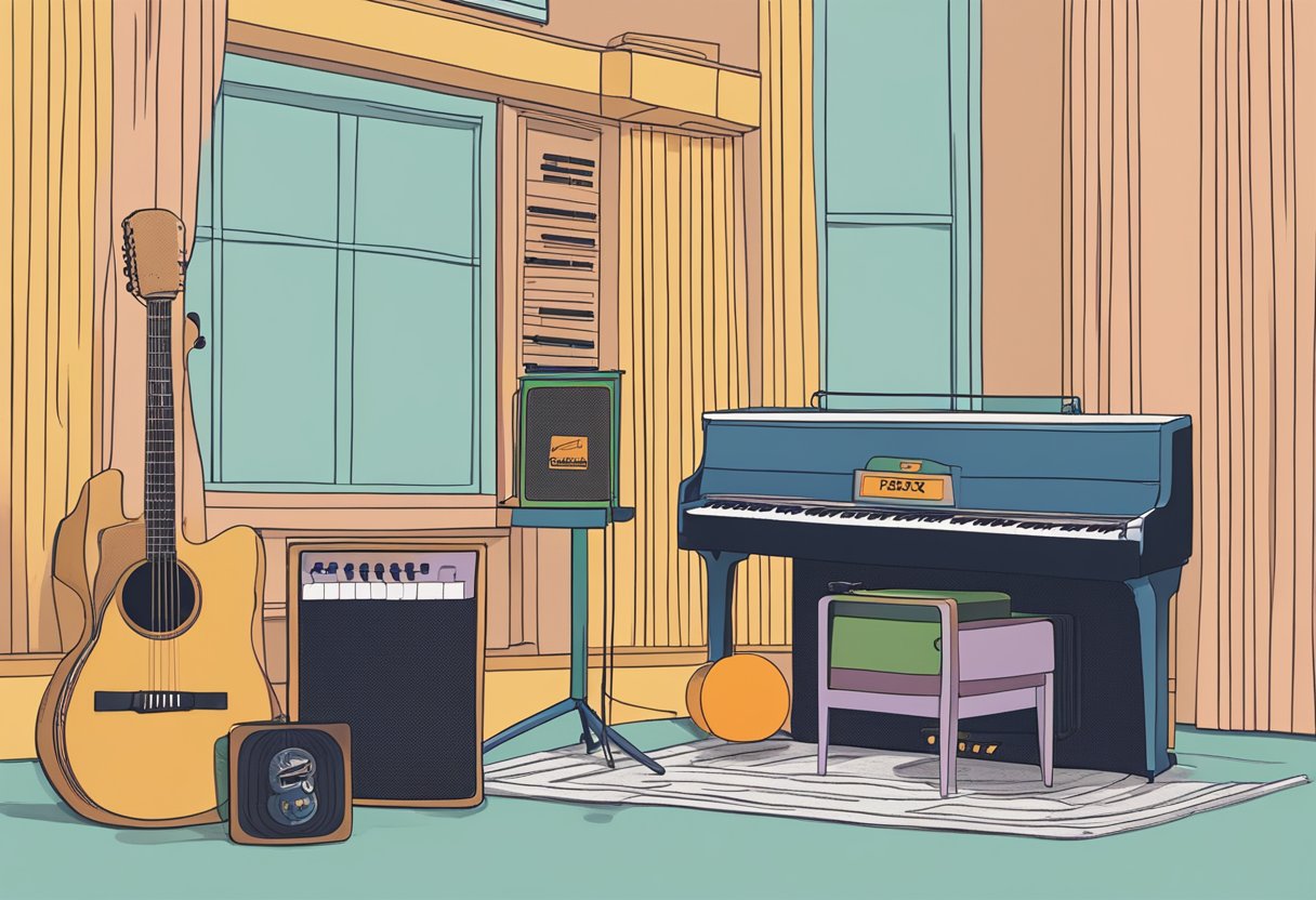 A stage with a microphone, guitar, and piano. A stack of vinyl records and a sign for "Rex Orange County" in front