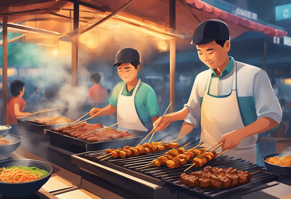 A sizzling grill with skewers of marinated meat, surrounded by aromatic smoke and the bustling ambiance of a Singaporean hawker center