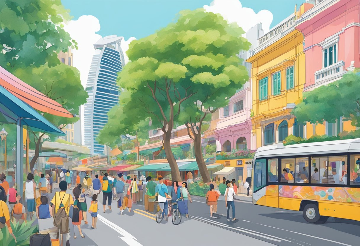 A bustling street in Singapore, with iconic landmarks like Marina Bay Sands and the Merlion in the background. Brightly colored buildings and lush greenery line the streets, while locals and tourists alike explore the vibrant city