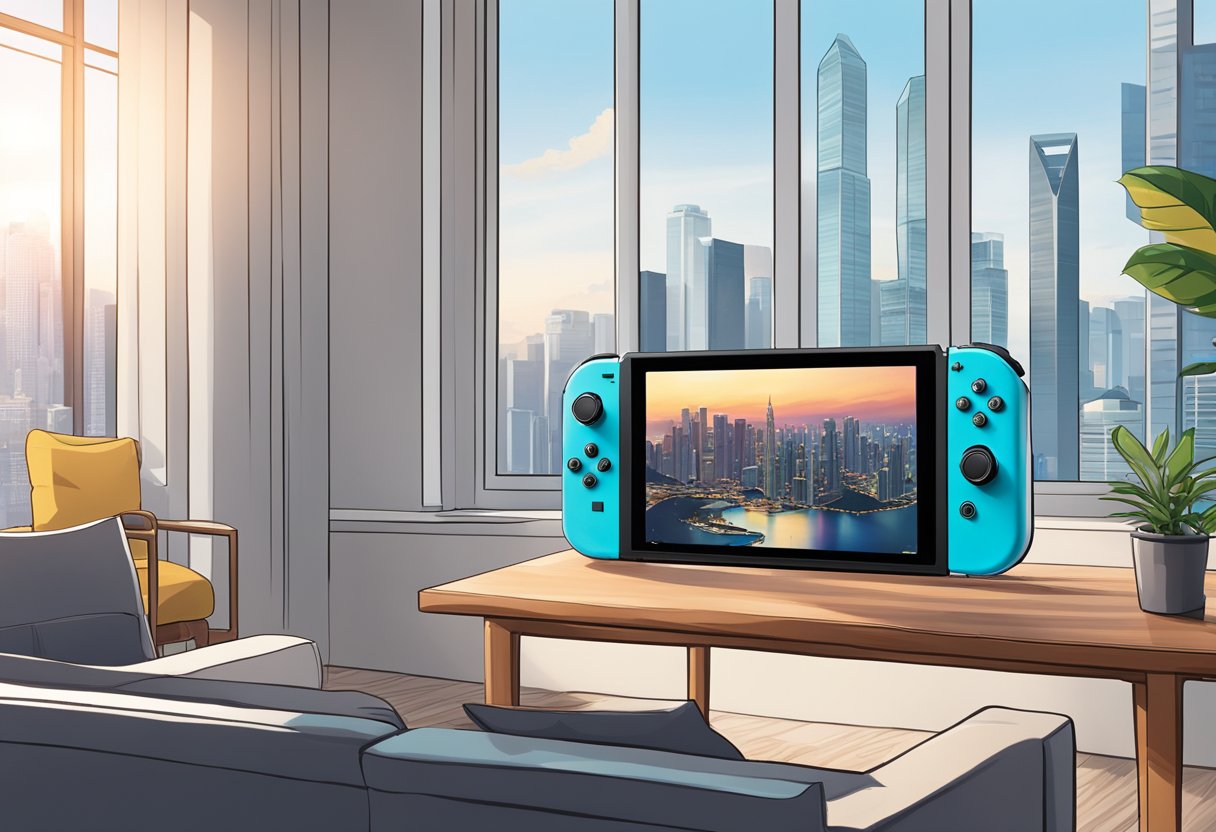 A Nintendo Switch sits on a table in a modern Singaporean living room, with the city skyline visible through the window