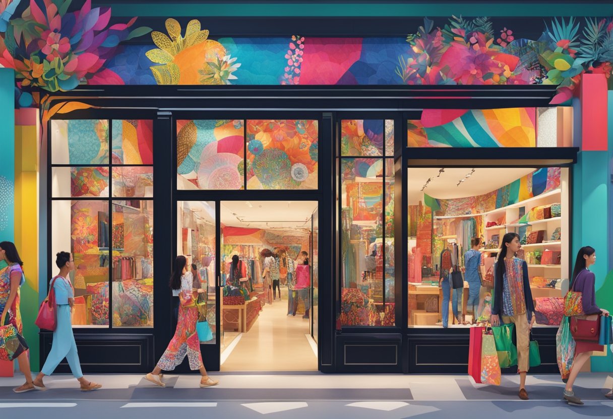 Vibrant storefront of Desigual Singapore, with colorful displays and bold patterns, bustling with shoppers in a lively, urban setting