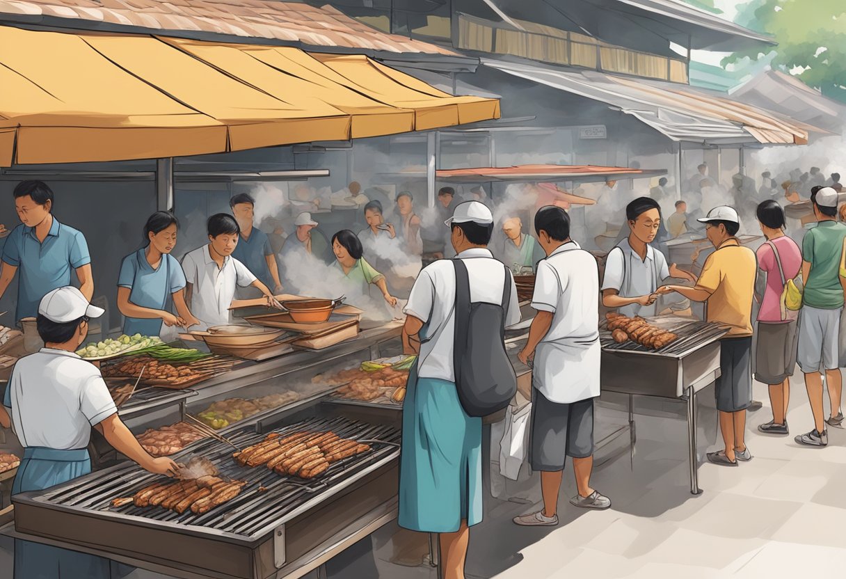 A bustling hawker center in Singapore, with smoke rising from charcoal grills as vendors skewer marinated meat onto bamboo sticks for satay
