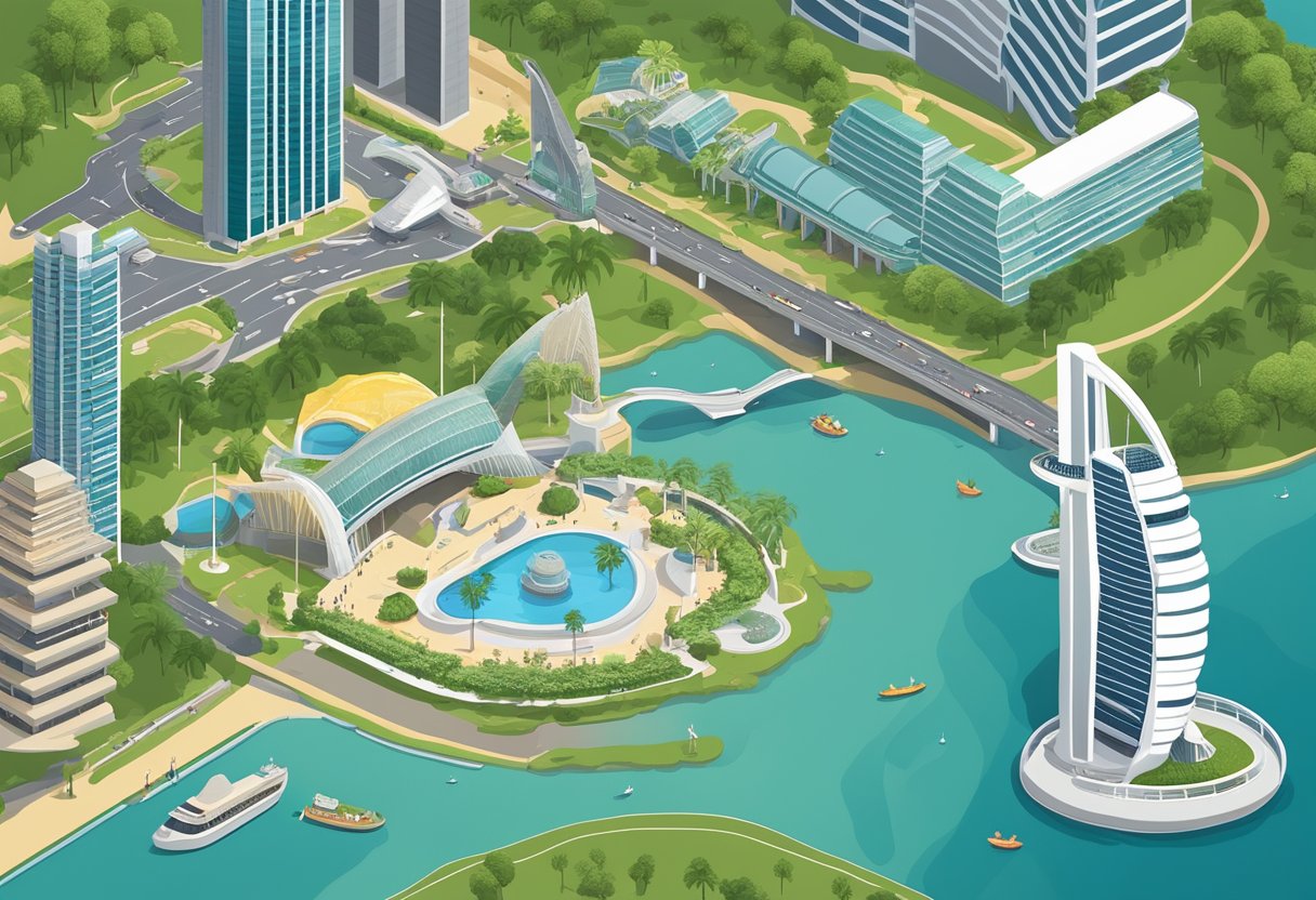 The scene showcases the iconic landmarks and attractions of Singapore, including the Marina Bay Sands, Gardens by the Bay, and the Merlion statue