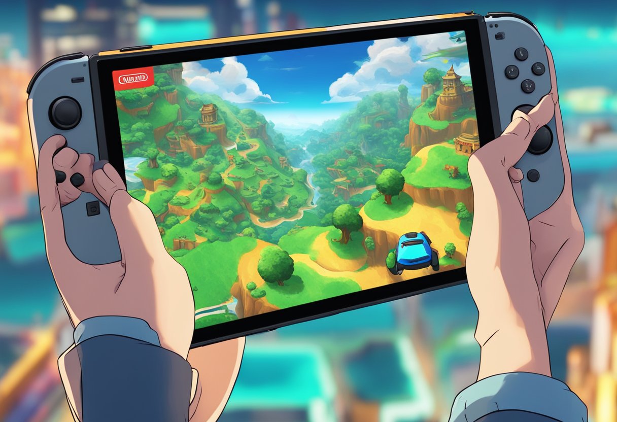 A pair of hands holding a Nintendo Switch console while playing a game on the go, with a backdrop of a vibrant and immersive game world on the screen