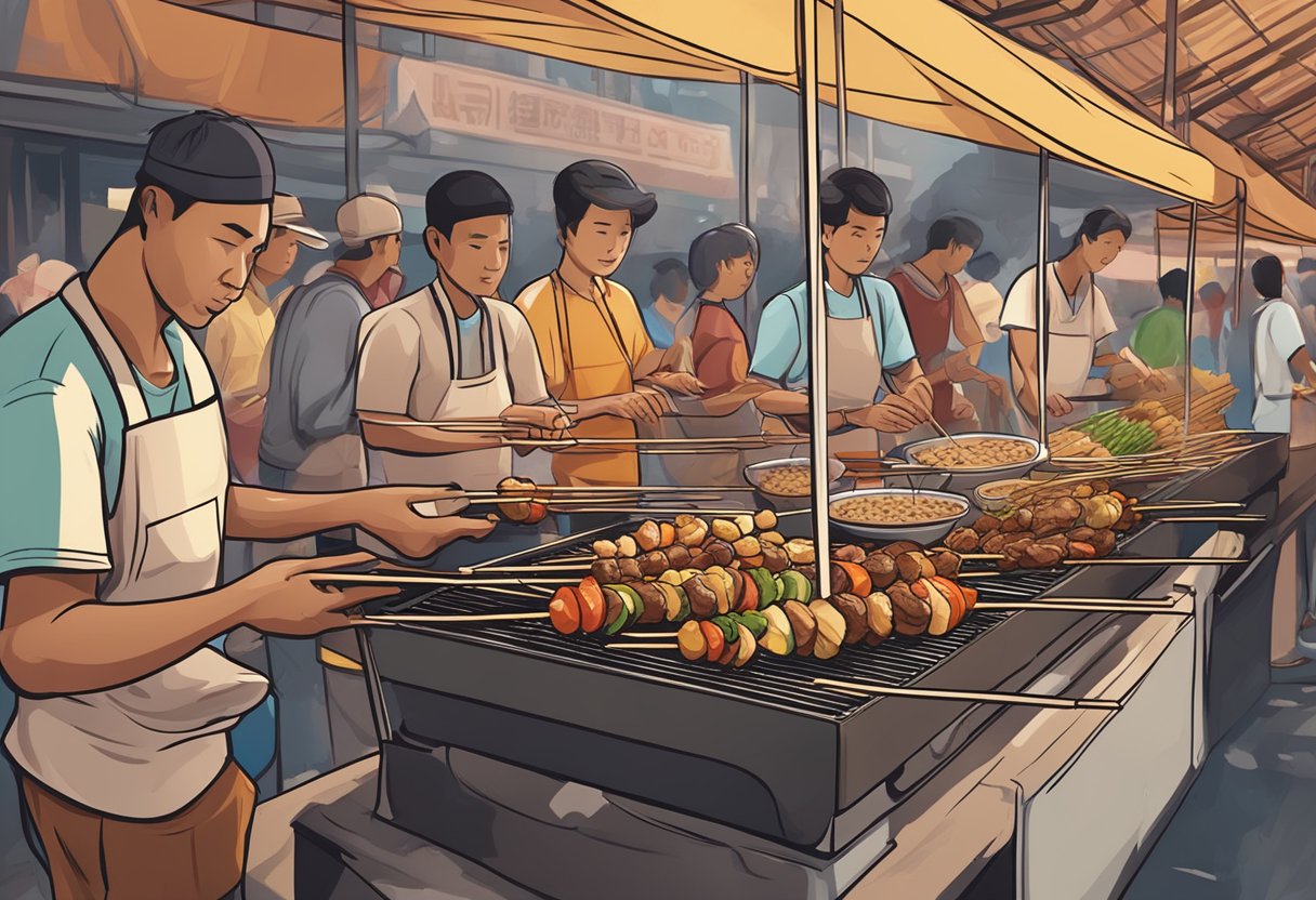 Crowded hawker center, smoke rising from grilling satay skewers. Various meats and vegetables on display, accompanied by aromatic peanut sauce