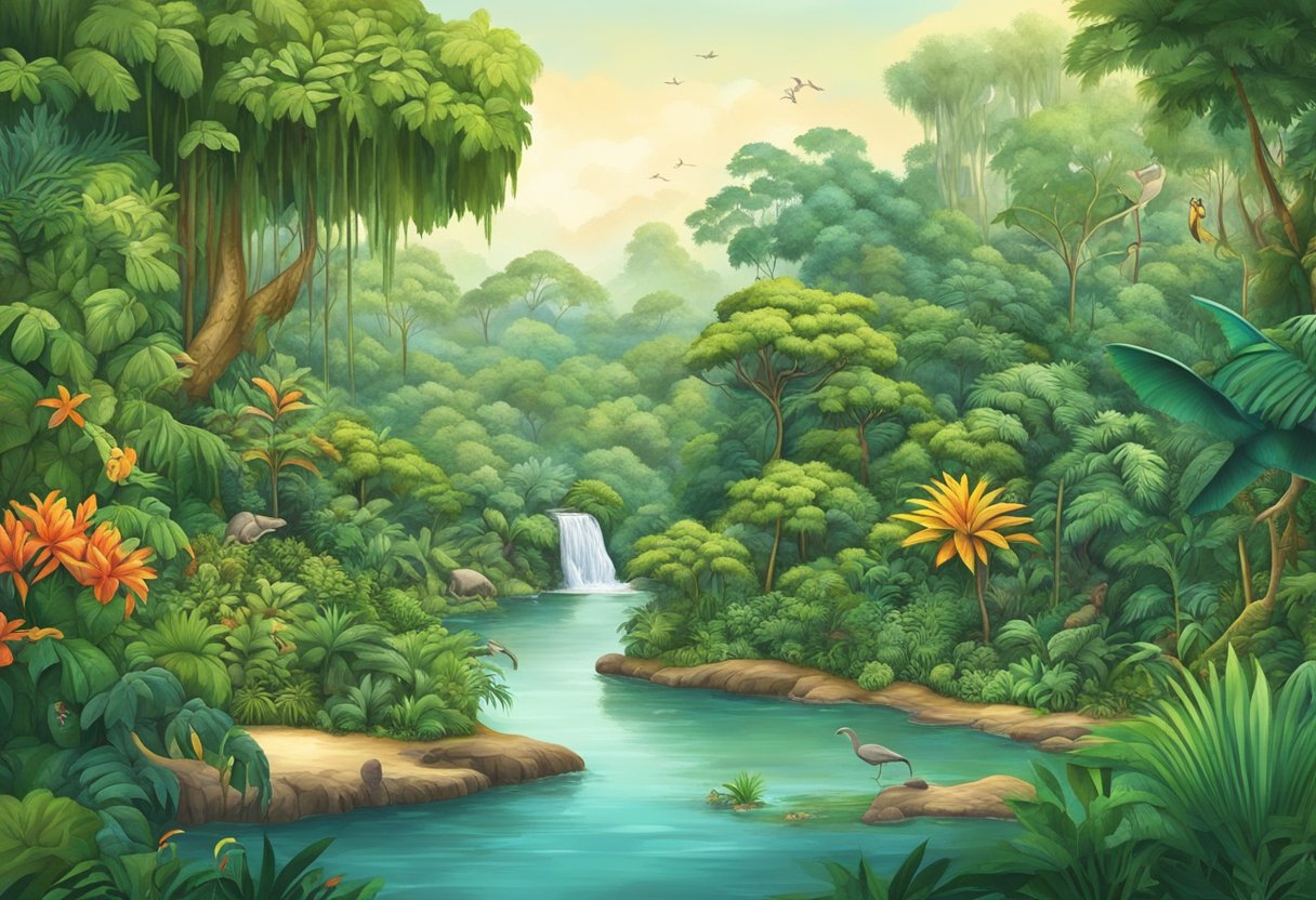 Lush rainforest with diverse wildlife, including monkeys, birds, and reptiles, surrounding tranquil waterways and vibrant gardens in Singapore