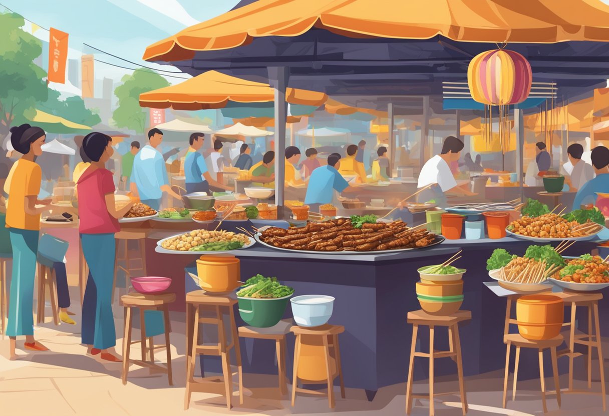 A sizzling satay platter surrounded by small dishes of dipping sauce, with a backdrop of bustling hawker stalls and colorful signage