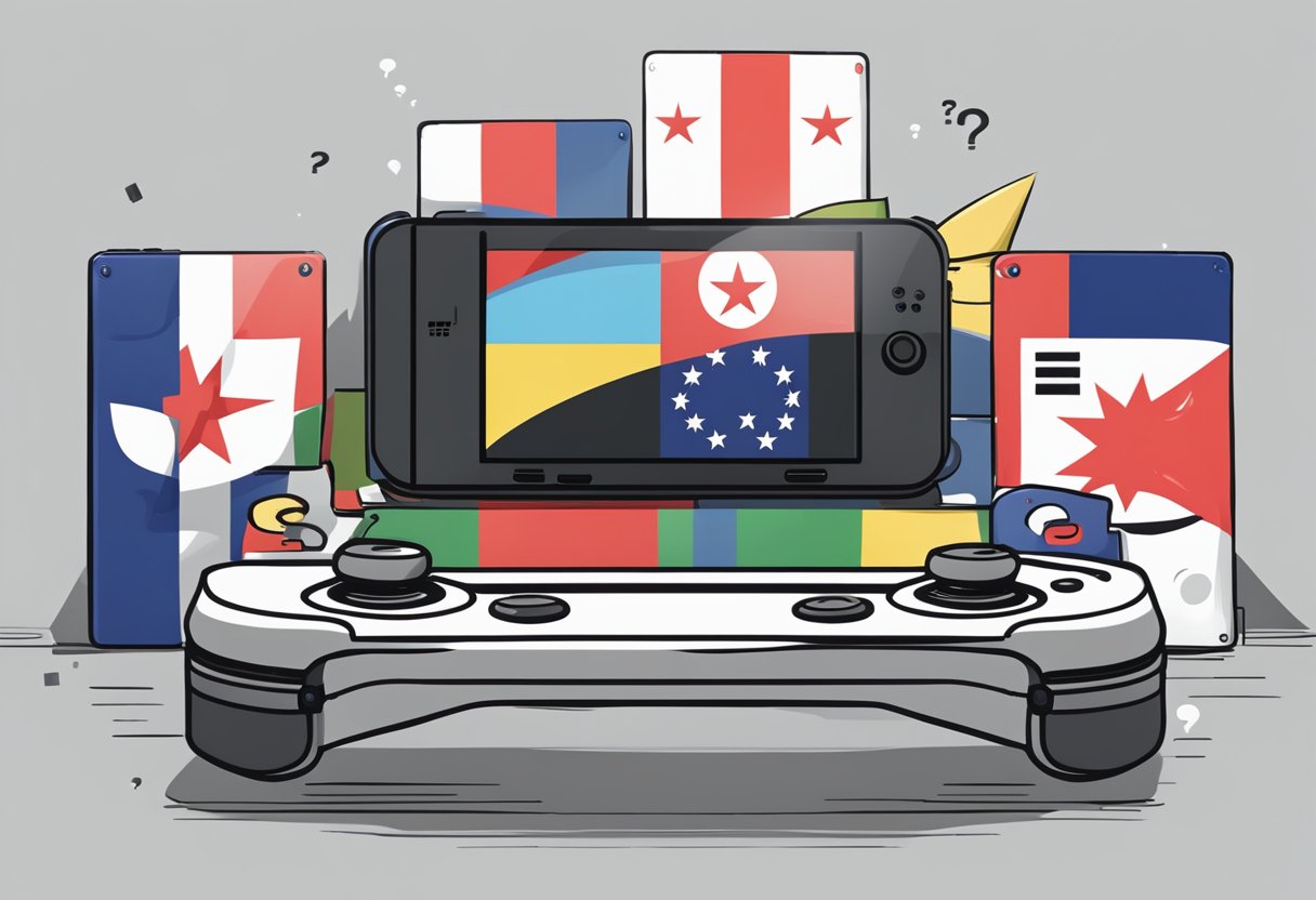 A Nintendo Switch console surrounded by question marks and a Singaporean flag