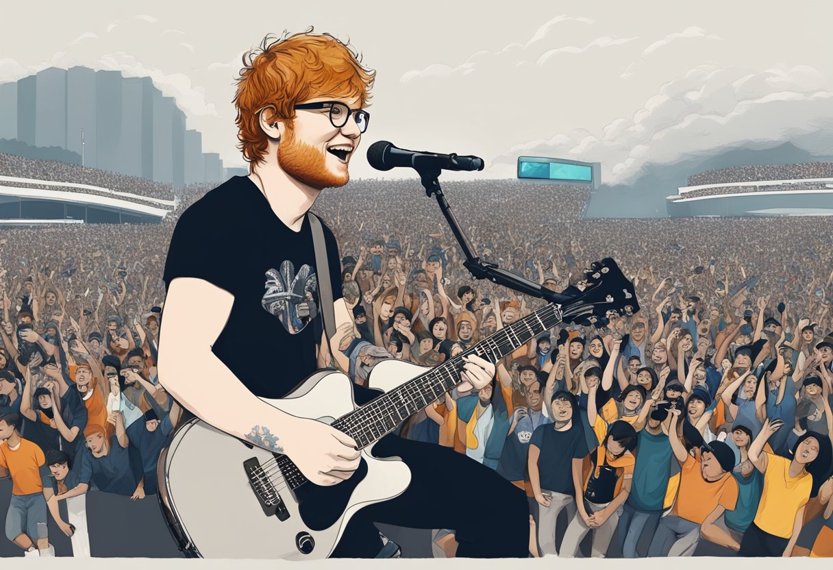 Ed Sheeran performing on stage in front of a cheering crowd in Singapore