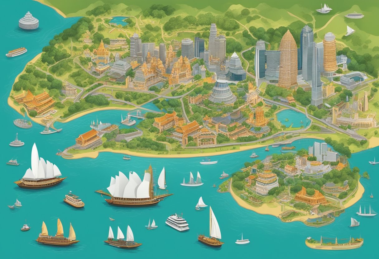 A vintage map of Singapore with landmarks and key historical events depicted in vibrant colors and intricate details