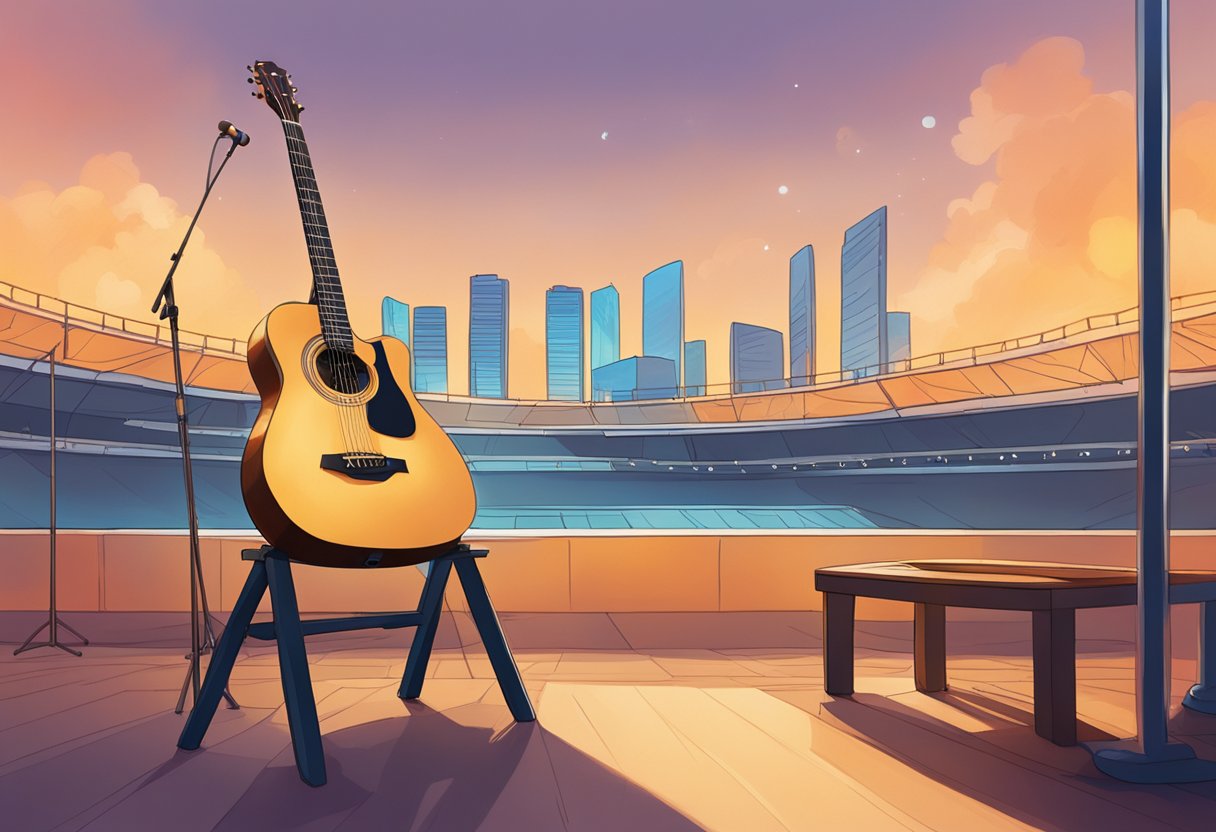 The stage is bathed in a warm, golden light, with Ed Sheeran's guitar resting on a stand, ready for his performance in Singapore