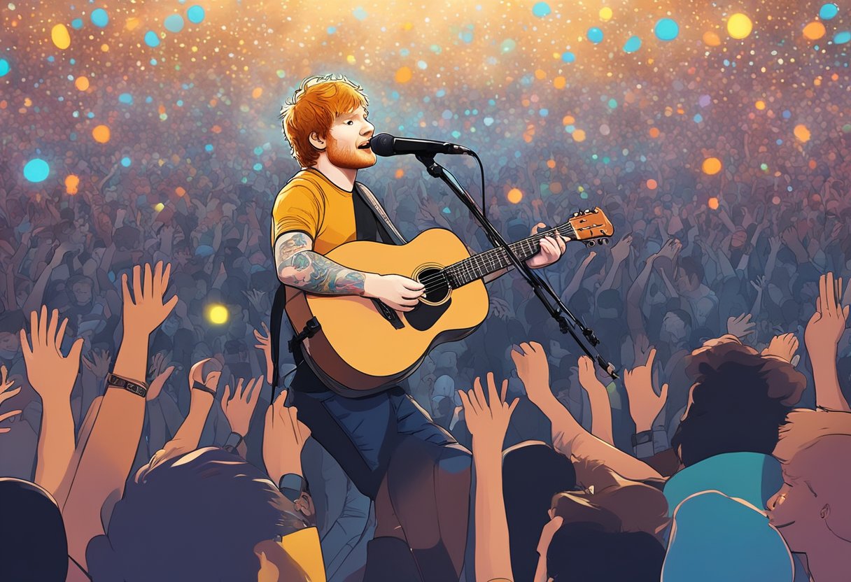 Ed Sheeran performs on stage in front of a cheering crowd in Singapore, with colorful lights and musical instruments surrounding him