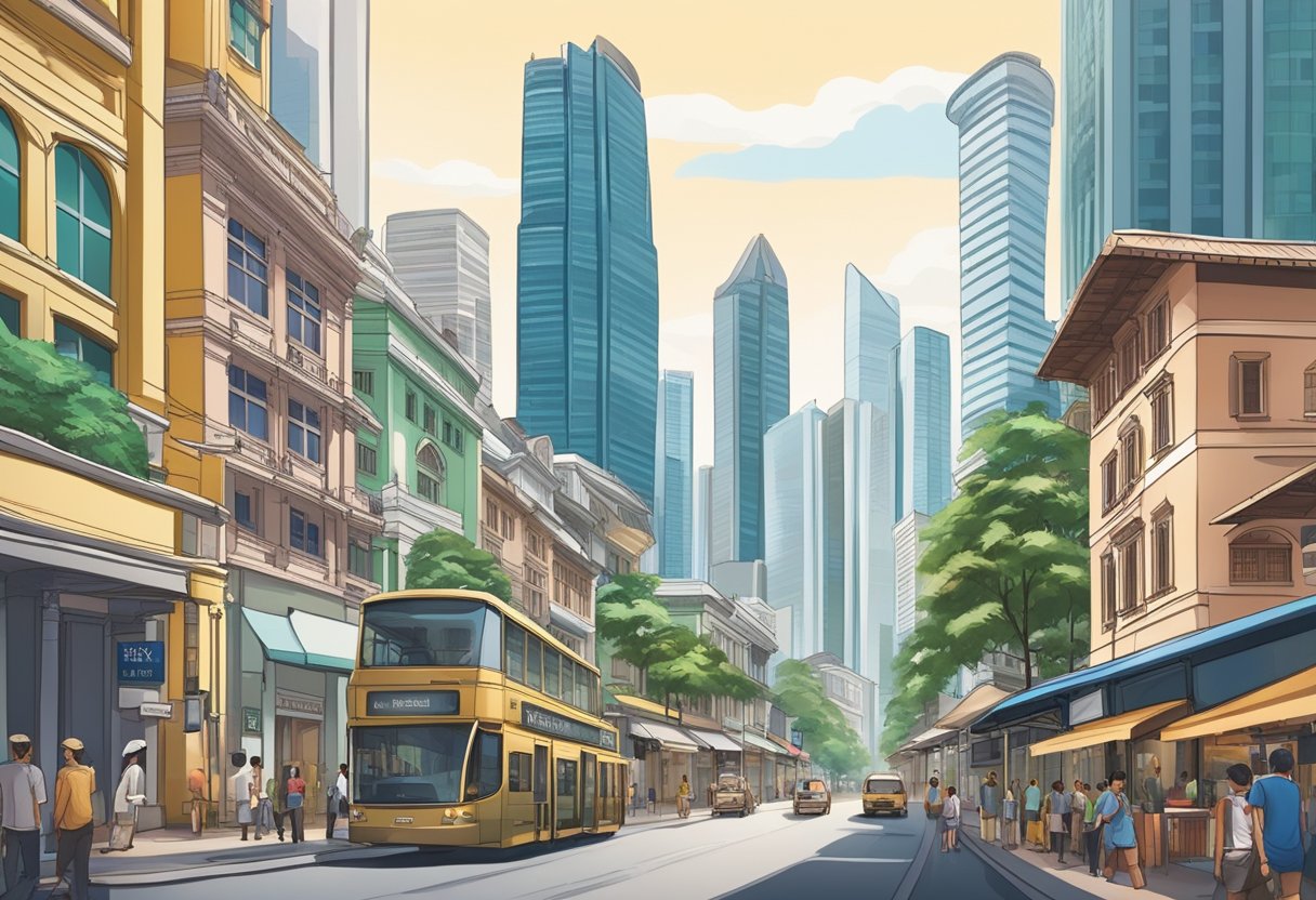 A bustling cityscape with modern skyscrapers and traditional shophouses, showcasing the contrast between Singapore's rich history and rapid economic development