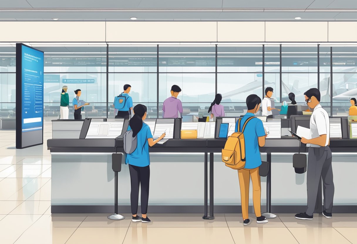 Passengers filling out arrival declaration forms at Singapore airport. Tables with pens and forms, airport staff assisting