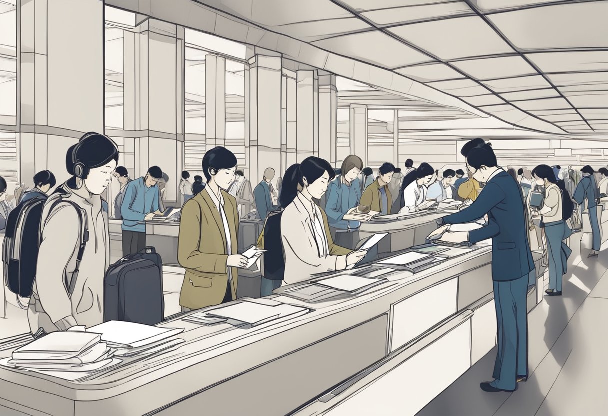 Passengers filling out arrival forms at Singapore airport desk