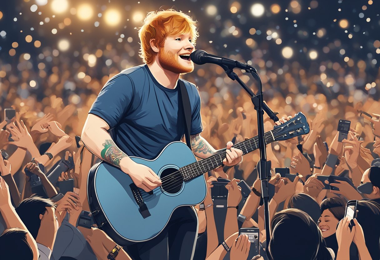 Ed Sheeran performs on stage in Singapore, surrounded by a crowd of fans. Banners and lights adorn the venue, creating a lively atmosphere