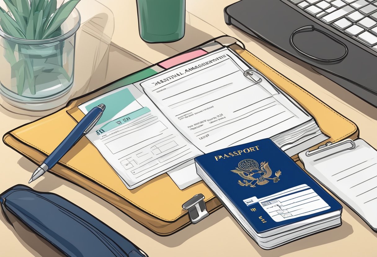 Passport and arrival card on a table. Pen in hand, filling out declaration form. Luggage in background. Airport atmosphere