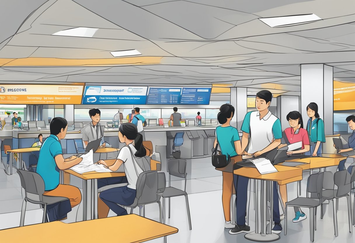 Passengers filling out arrival declaration forms at Singapore airport. Tables with pens and forms, staff assisting. Signs with "Frequently Asked Questions" displayed