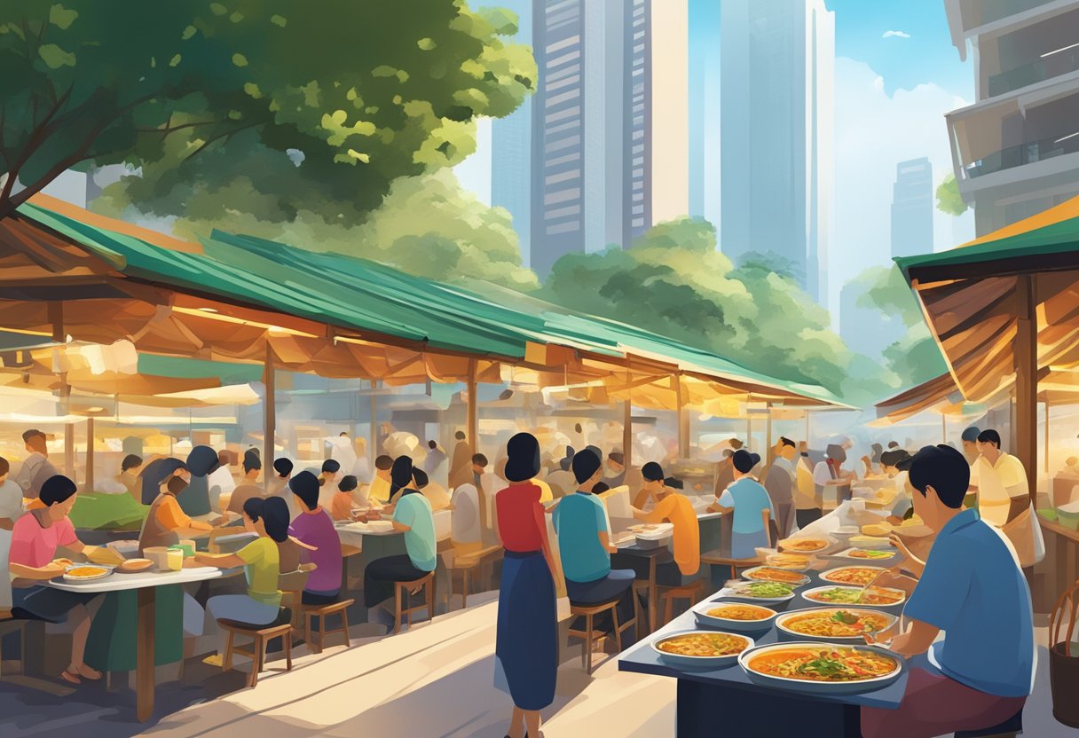 A bustling hawker center with colorful stalls, serving up steaming bowls of laksa and fragrant plates of chicken rice, amidst a backdrop of modern skyscrapers and lush greenery