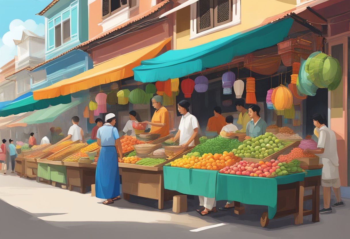 A bustling street market filled with colorful traditional Peranakan shophouses, vibrant street art, and a mix of Chinese, Malay, and Indian cultural influences