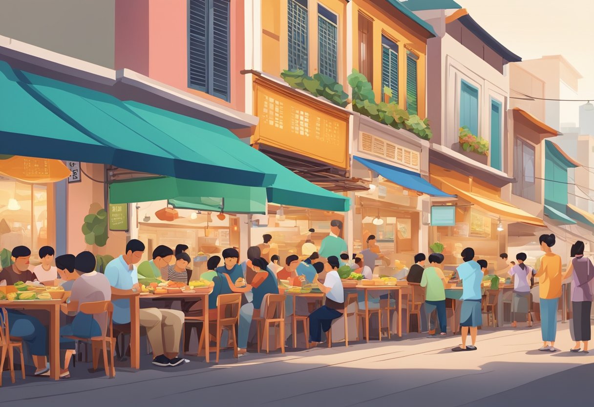 A bustling hawker center with diverse food stalls, people queuing orderly, and families enjoying meals together. Colorful shophouses line the streets, while locals greet each other with a warm smile