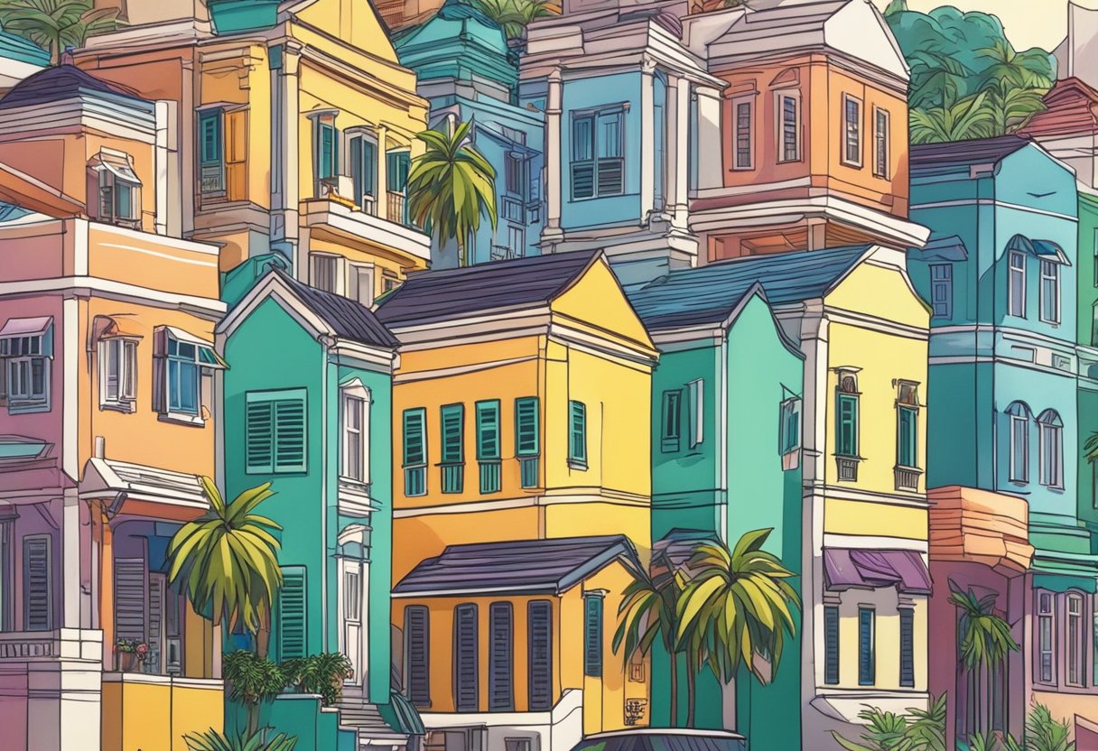 Colorful Singapore houses line the streets, with unique architectural designs and vibrant facades. Palm trees sway in the breeze, adding to the tropical charm of the scene