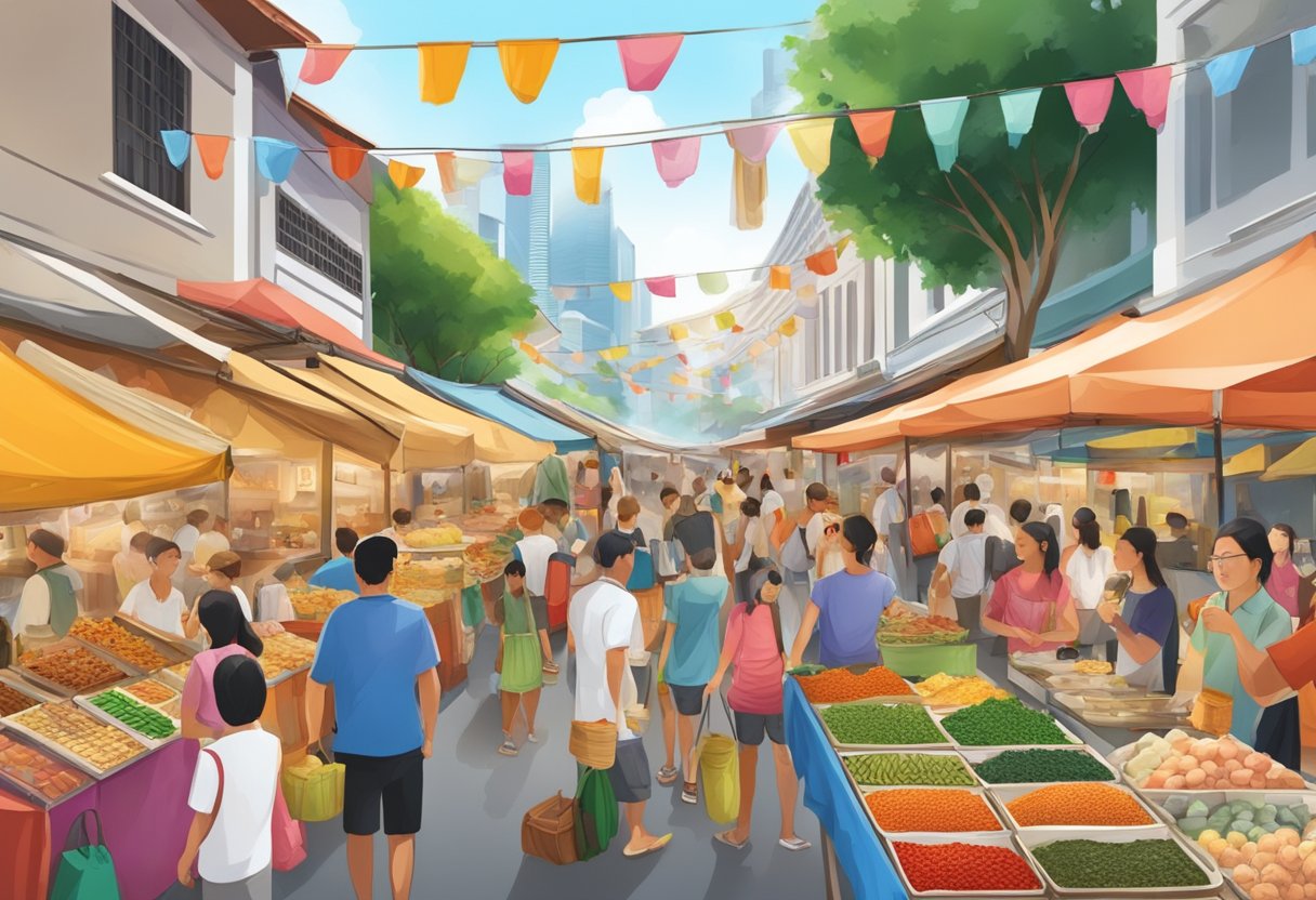 A bustling Singapore street market, with colorful displays of traditional food, clothing, and crafts, surrounded by a diverse mix of locals and tourists