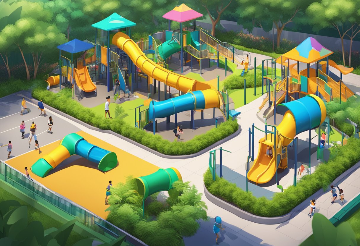 Lush greenery surrounds vibrant playground equipment at SuperPark Singapore. Bright colors and energetic atmosphere create a dynamic scene for an illustrator to recreate