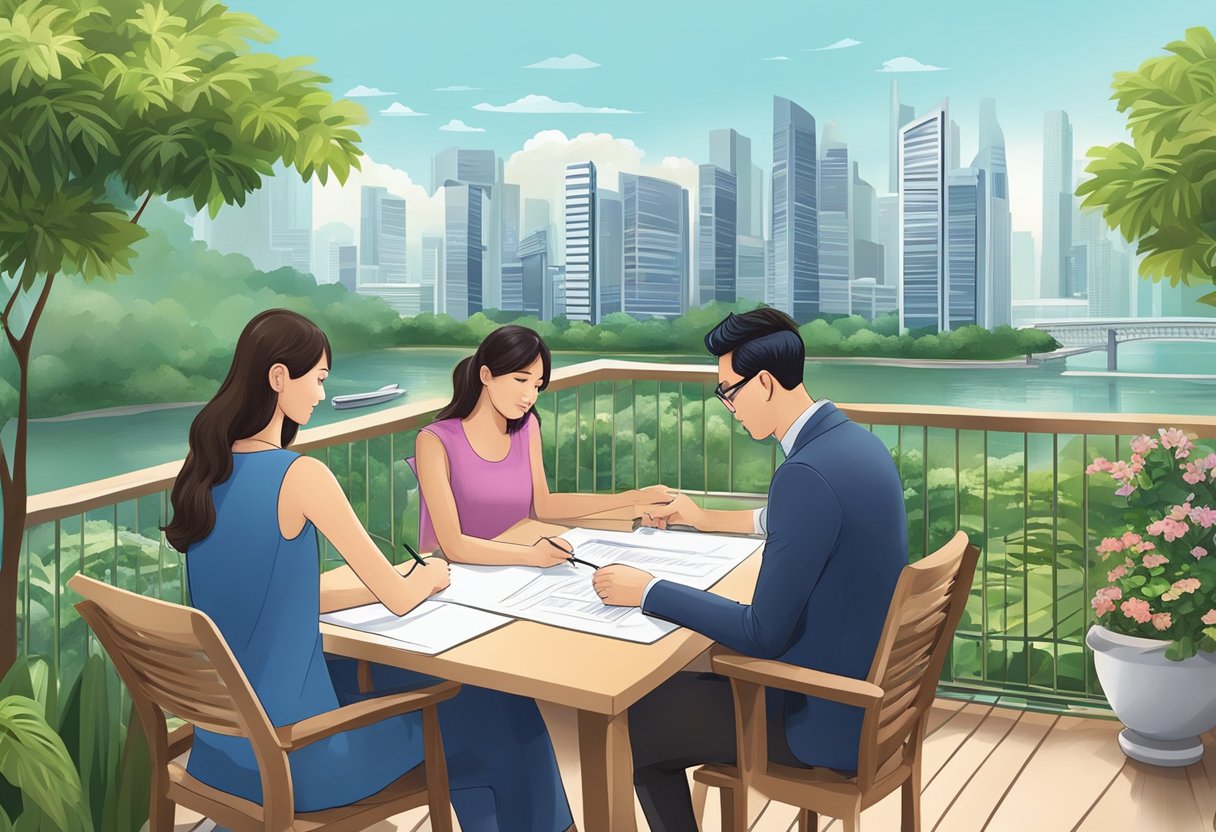 A couple signs a contract for a modern Singapore house with a lush garden and city skyline in the background